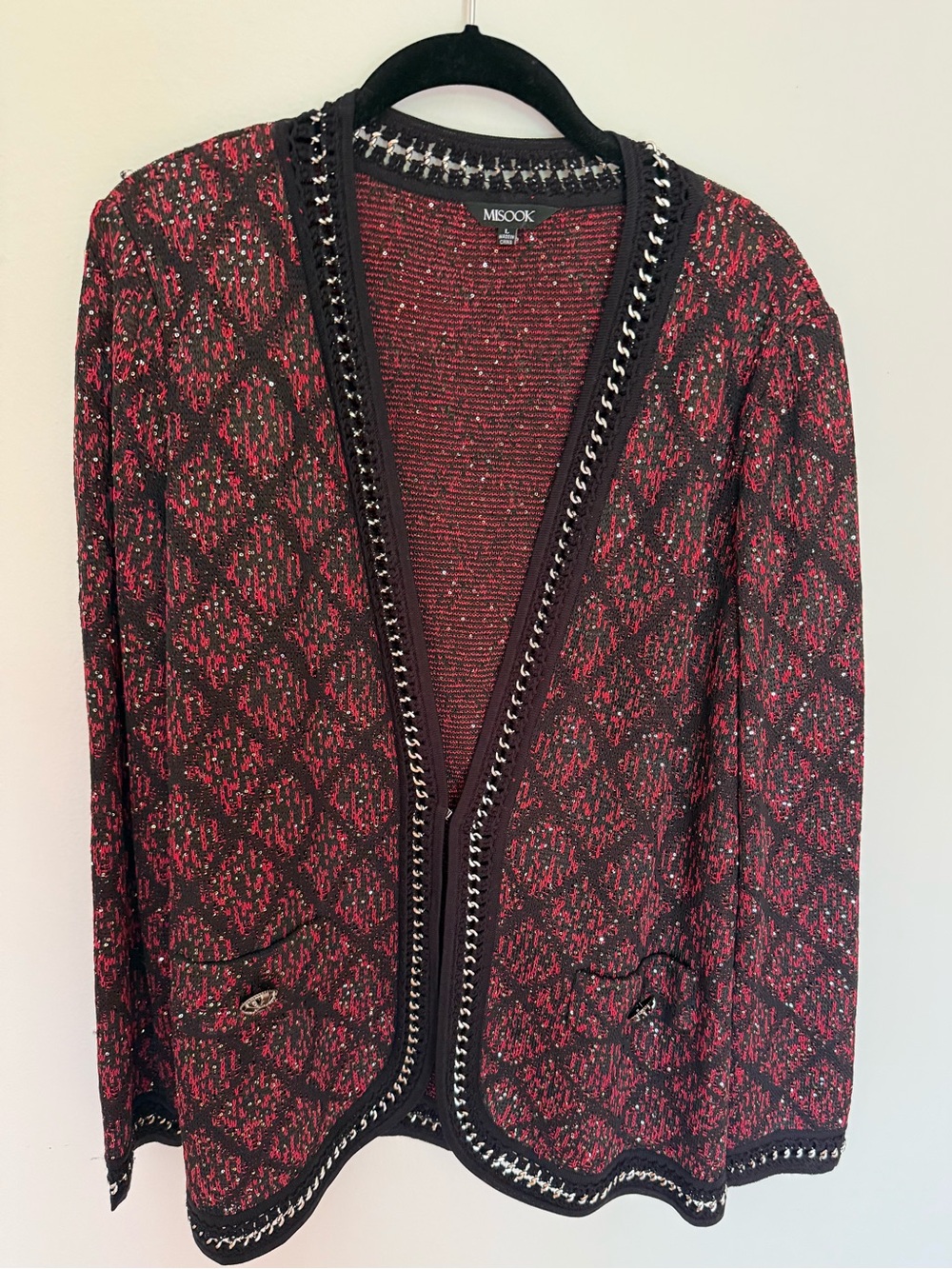 Misook Chic Red and Black Knit Cardigan with Chain Detail. EUC